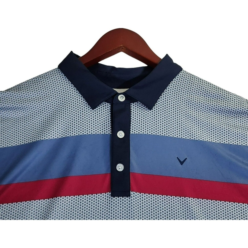 Callaway Polo Shirt Men's 2XL White Blue Pink Golf OptiDri Short‎ Sleeve Stretch